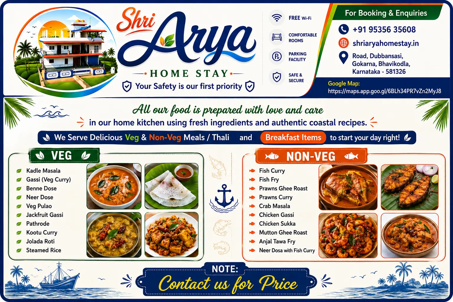 Shri Arya Home Stay home-cooked food, showing vegetarian and non-vegetarian coastal dishes